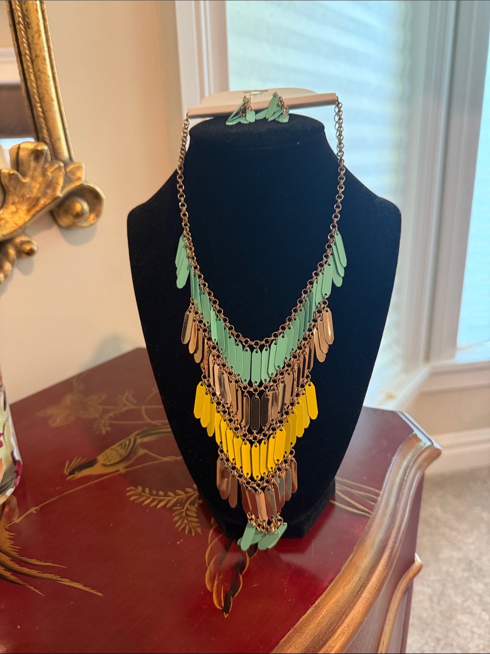 Mint, Yellow and Gold Layered Fringe Necklace Set